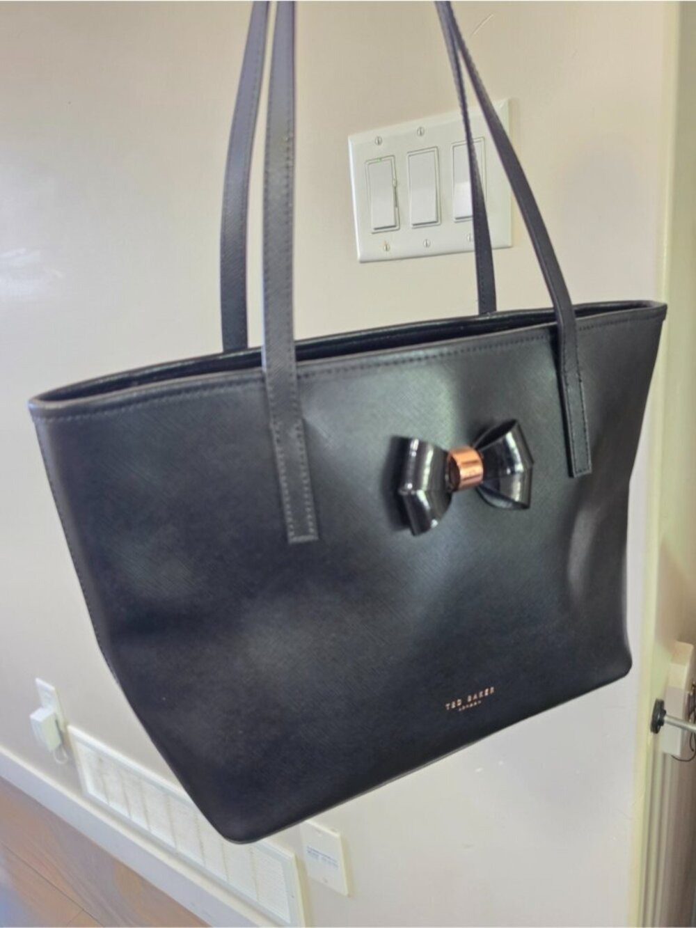 100% leather Ted Baker Black Tote Bag with Bow Accent